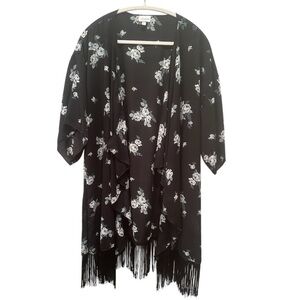 LuLaRoe Black Floral Fringe Kimono Dark Floral Layer Cover Up Sz L